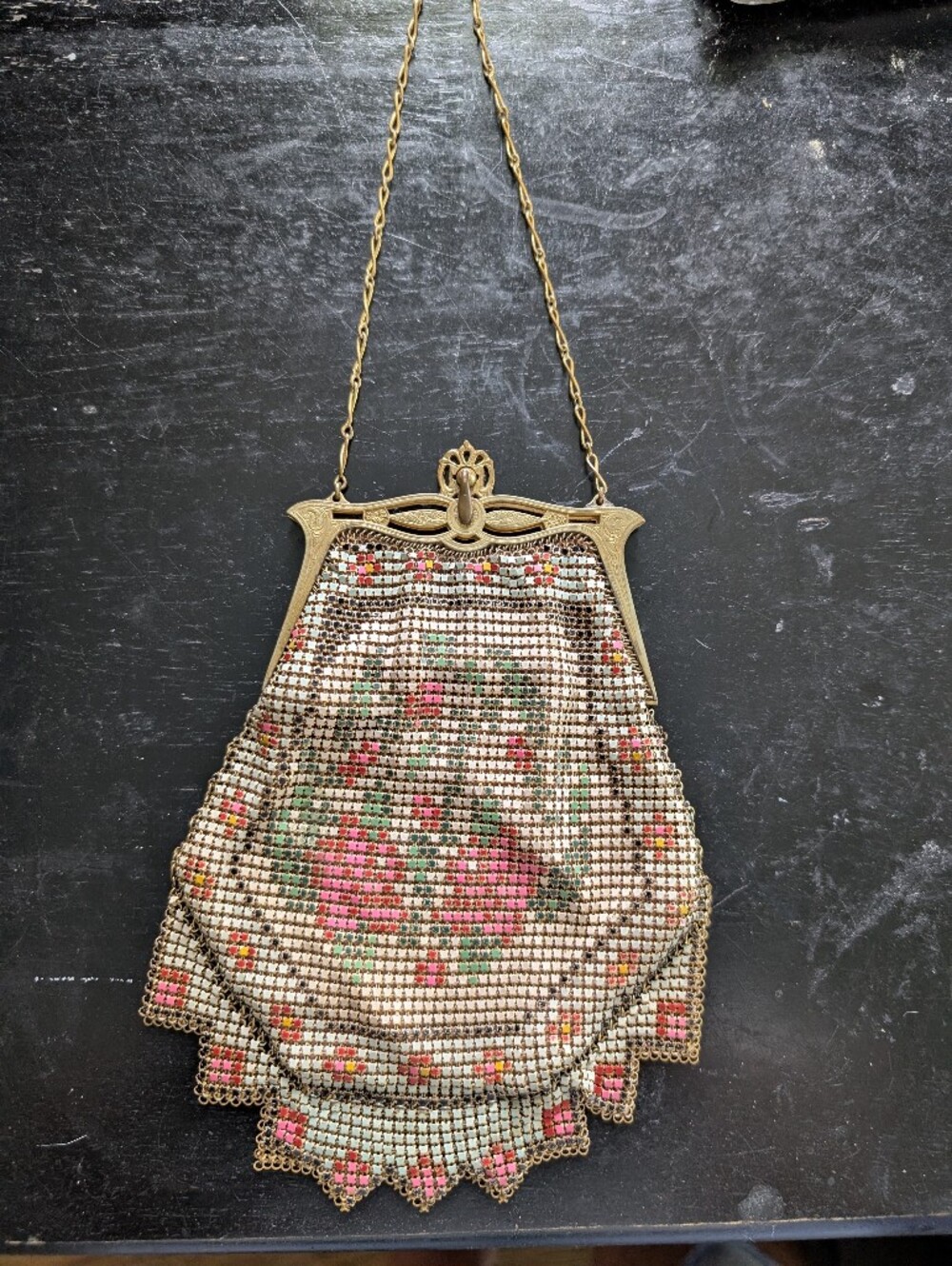 Whiting & Davis Gold Mesh Floral Evening Bag with Pink and Green Accent